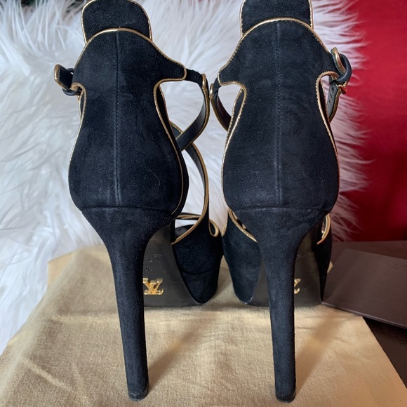 FINAL SALE Louis Vuitton black suede and gold heels - Picture 3 of 5